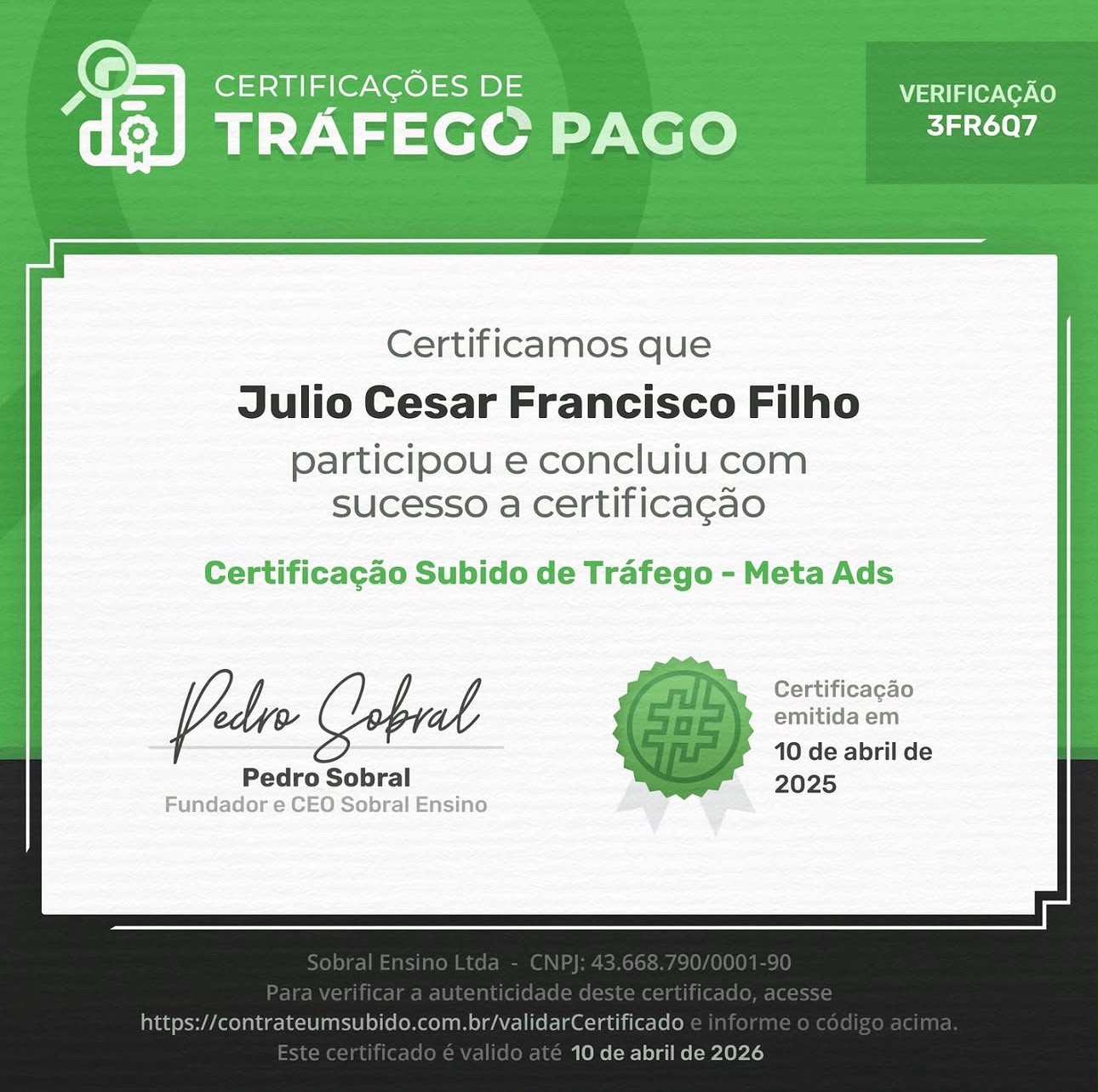 Certificação de tráfego pago Meta Ads de Julio Cesar Francisco Filho